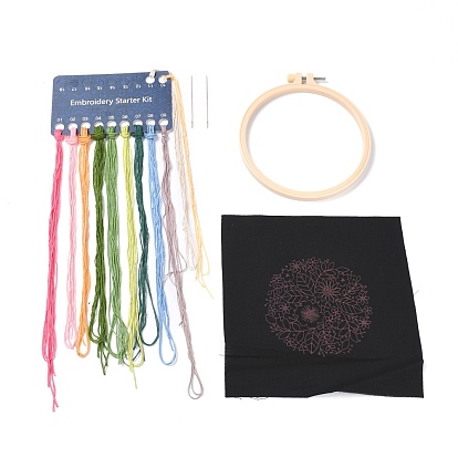 Kit de broderie, kit de point de croix bricolage, avec des cerceaux à broder, aiguille et chiffon avec motif floral et feuille, fil de couleur, instruction