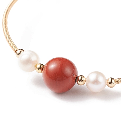 Natural Gemstone & Pearl Round Beaded Bangle, Brass Torque Bangle for Women, Golden