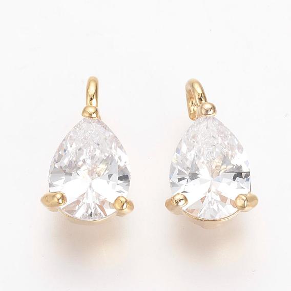 Brass Cubic Zirconia Charms, Nickel Free, Real 18K Gold Plated, Drop