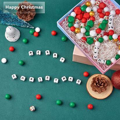 101Pcs Christmas Silicone Beads, DIY Nursing Necklaces and Bracelets Making, Chewing Pendants For Teethers, Round & Hexagon & Letter