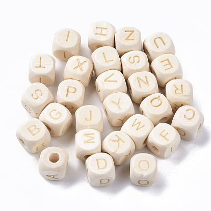 Carved Natural Wood European Beads, Horizontal Hole, Cube with Initial Letter