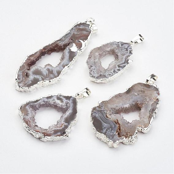 Natural Geode Agate Pendants, with Brass Findings, Nuggets