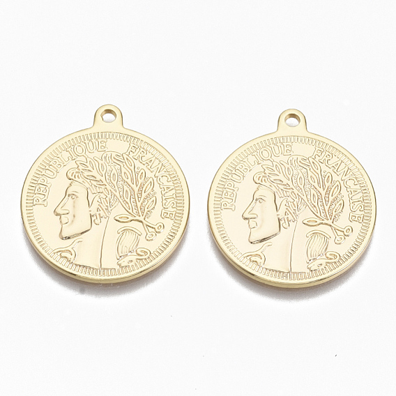 Brass Coin Pendants, Nickel Free, with Words REPUBLIQUE FRANCAISE & Man Face