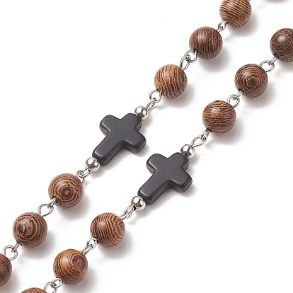 Collar de cuentas de rosario de madera natural, collar con colgante de cruz turquesa sintética para mujer