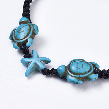 Bracelets tressés de fil de nylon, avec des perles synthétiques teintes en turquoise (teintes), tortue de mer et étoiles de mer / étoiles de mer