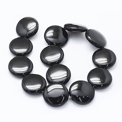 Natural Black Onyx Beads Strands, Dyed, Flat Round