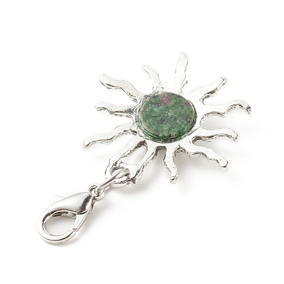 Natural Gemstone Pendants Decorations, with Alloy Sun and Zinc Alloy Lobster Claw Clasps