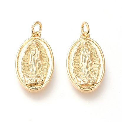 Brass Lady of Guadalupe Pendants, with Jump Rings, Long-Lasting Plated, Oval with Virgin Mary