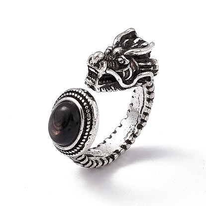 Tête de dragon bagues de manchette en pierres précieuses naturelles, anneaux ouverts en laiton argenté antique pour femmes