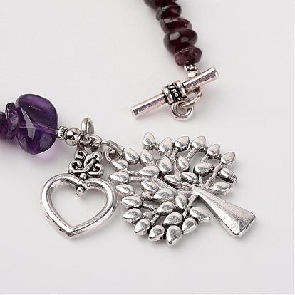 Chakra bijoux, bracelets de perles de pierres précieuses naturelles, avec fermoirs T en alliage coeur et accessoires en laiton, arbre de la vie