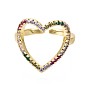 Brass Micro Pave Cubic Zirconia Cuff Rings, Open Heart Rings, Nickel Free, Colorful