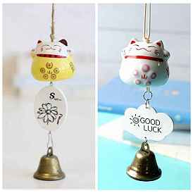 Porcelain Maneki Neko Hanging Bell Wind Chimes Decor, Feng Shui Lucky Cat for Car Interiors Hanging Ornaments
