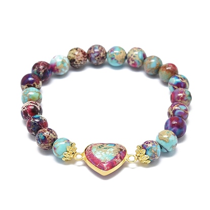 Bracelets à maillons coeur regalite naturel/jaspe impérial/sédiment marin jaspe coeur, bracelets élastiques, ronde, or