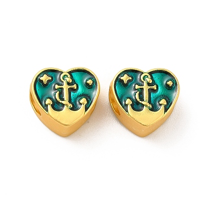 Rack Plating Alloy Enamel European Beads, Large Hole Beads, Lead Free & Cadmium Free & Nickel Free, Heart with Anchor