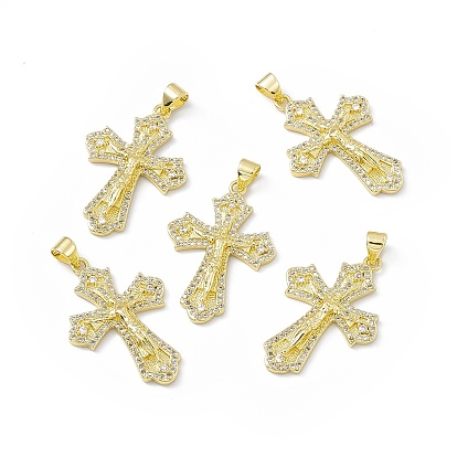 Rack Plating Eco-friendly Brass Charms, Micro Pave Clear Cubic Zirconia, Long-Lasting Plated, Lead Free & Cadmium Free, Religion Crucifix Cross Charm