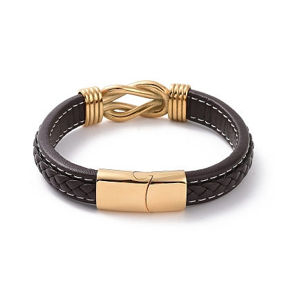 304 bracelet à maillons kont entrelacés en acier inoxydable, bracelet punk cordon en cuir microfibre avec boucle magnétique pour hommes femmes