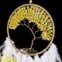 Iron Woven Web/Net with Feather Pendant Decorations, with Plastic and Citrine Stone Beads, Covered with Leather and Brass Cord, Flat Round with Tree of Life