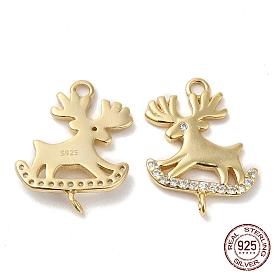 925 Sterling Silver Micro Pave Clear Cubic Zirconia Connector Charms, Christmas Elk Links, with 925 Stamp