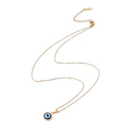 Lampwork Flat Round with Evil Eye Pendant Necklace with 304 Stainless Steel Cable Chains for Women, Golden