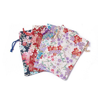 Sachets d'emballage de jute, sacs à cordonnet, rectangle avec motif de fleurs