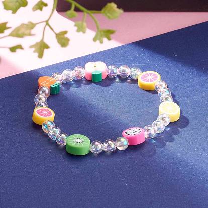 Stretch Beaded Bracelets, with Polymer Clay Fruit Beads and Acrylic Round Beads
