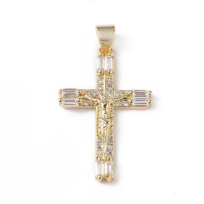 Rack Plating Brass Micro Pave Cubic Zirconia Pendants, Lead Free & Cadmium Free, Long-Lasting Plated, Crucifix Cross Charm, Religion