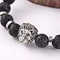 Natural Lava Rock Stretch Bracelets, with Lion Alloy Beads and Brass Findings, 59mm