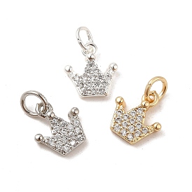 Rack Plating Brass Micro Pave Clear Cubic Zirconia Pendants, Long-Lasting Plated, Cadmium Free & Lead Free, with Jump Ring, Crown Charm
