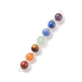 7Pcs Round Natural Gemstones Copper Wire Wrapped Connector Charms, Natural Red Jasper & Red Aventurine & Tiger Eye & Green Aventurine & Blue Aventurine  & Blue Tiger Eye & Amethyst