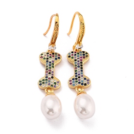 Os avec perles d'imitation boucles d'oreilles pendantes en zircon cubique étincelant pour elle, véritables boucles d'oreilles en laiton plaqué or 18k