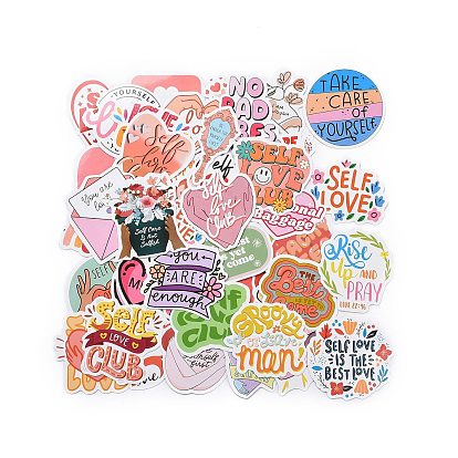 50 pcs auto amour thème dessin animé mot anglais papier autocollant jeu d'étiquettes, autocollants d'étiquette adhésive, pour valise et planche à roulettes et décor de réfrigérateur
