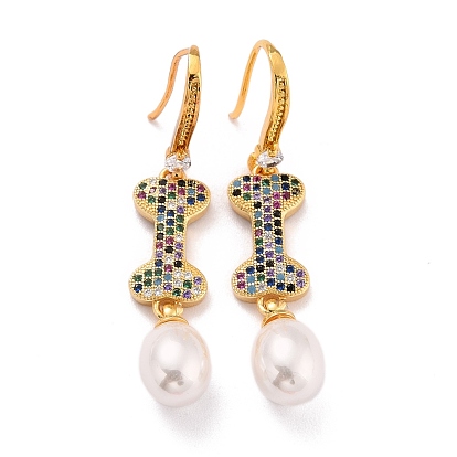 Bone with Imitation Pearl Beads Sparkling Cubic Zirconia Dangle Earrings for Her, Real 18K Gold Plated Brass Earrings