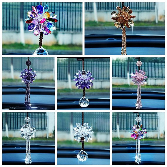 Glass Flower with Tassel Pendant Decorations, for Interior Car Mirror Hanging Decorations