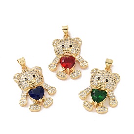 Brass Micro Pave Cubic Zirconia Pendants, Bear with Heart Charm, Real 18K Gold Plated