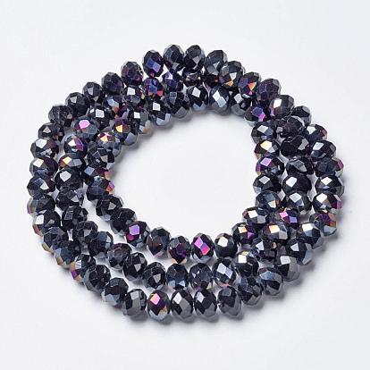 Electroplate Opaque Glass Beads Strands, Half Purple Plated, Faceted, Rondelle