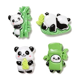 Opaque Resin Cabochons, Panda with Bamboo