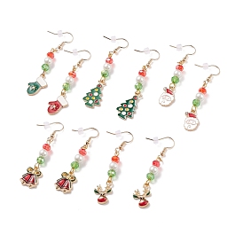 Enamel Christmas Theme Charm with Glass Pearl Dangle Earrings, Gold Plated Brass Jewelry for Women
