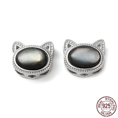 Forme de chat plaqué rhodium 925 perles en argent sterling, avec coquille naturelle, plaqué longue durée, avec cachet s