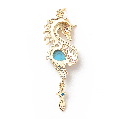 Brass Micro Pave Cubic Zirconia Pendants, with Gemstone, Cadmium Free & Lead Free, Real 18K Gold Plated, Sea Horse
