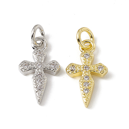 Brass Micro Pave Cubic Zirconia Charms, with Jump Rings, Religion Cross Charm