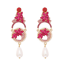 Sparkling Pink Floral Pearl Drop Earrings with Rhinestone Accents
