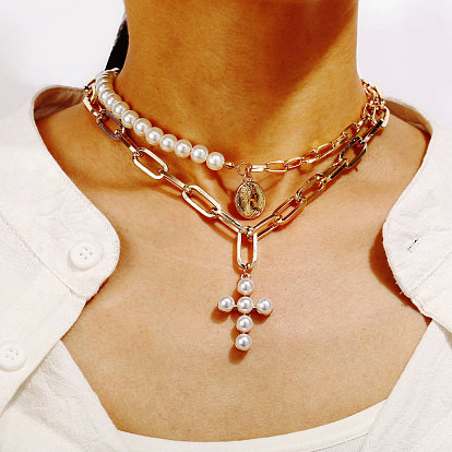 Vintage Cross Necklace with Creative Stamp Design and Pearl Inlay for Women's Sweater Chain