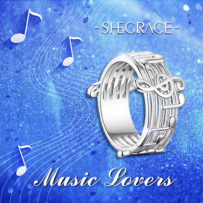SHEGRACE 925 Sterling Silver Finger Ring, Wide Band Rings, Musical Notes, Size 9