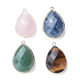 Faceted Gemstone Pendants, with Light Gold Plated Brass Edge and Loop, Teardrop