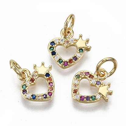 Brass Micro Pave Colorful Cubic Zirconia Charms, with Jump Rings, Nickel Free, Heart with Crown