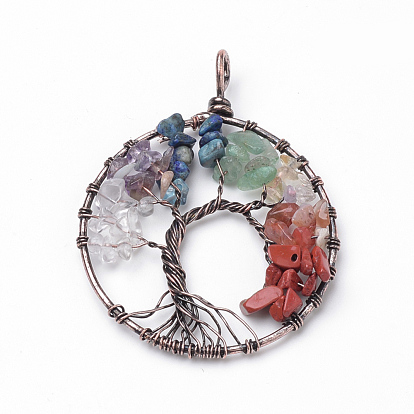 Natural Gemstone Big Pendants, with Iron Findings, Tree of Life, Red Copper