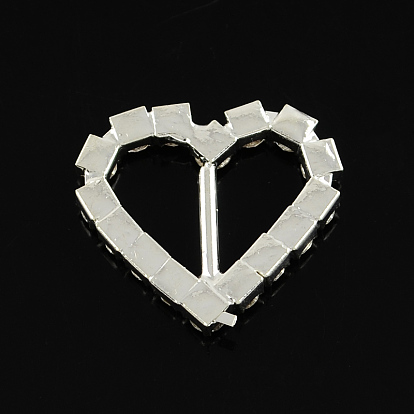 Corazón brillante de la boda invitación de la cinta hebillas, hebillas de diapositivas de vestido de diamantes de imitación de color plateado de latón plateado, 21x20x3 mm, agujero: 12x7 mm