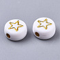 Opaque Acrylic Beads, Flat Round with Mixed Patterns, Golden Plated