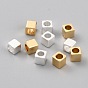 Brass Spacer Beads, Long-Lasting Plated, Cube with Round Hole