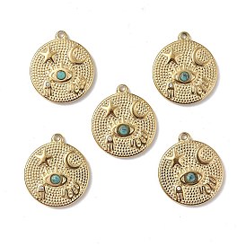 Vacuum Plating 201 Stainless Steel Natural Turquoise Pendants, Real 18K Gold Plated, Eid-Mubarak Flat Round Charms